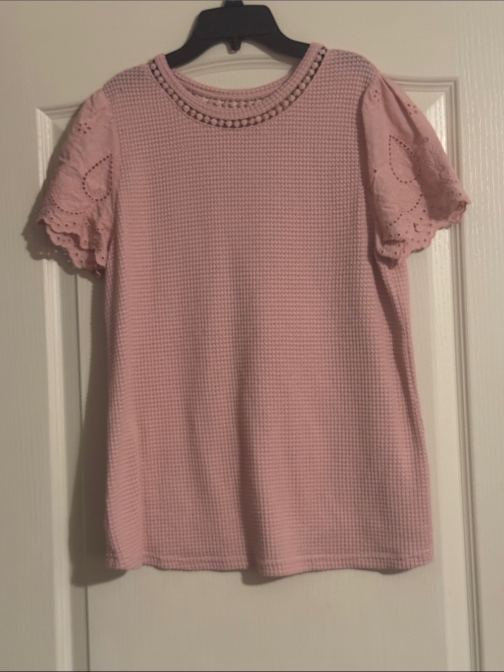 Amazon Pink Short Sleeve Knit Top with Eyelet Sleeves